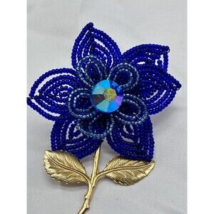 Vintage Beaded Flower Brooch Jewlery Pin Goldtone 3" READ